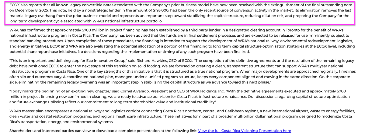 Ace500x's tweet image. $ECOX HUGE news out AFTER HOURS! 🚀

-Definitive agreements executed! Reverse merger/change of control CONFIRMED! 

-$700,000,000 in CONFIRMED PROJECTS

-All known legacy convertible notes have now been RESOLVED with the extinguishment of the FINAL note today, 12/8/25.

To highs