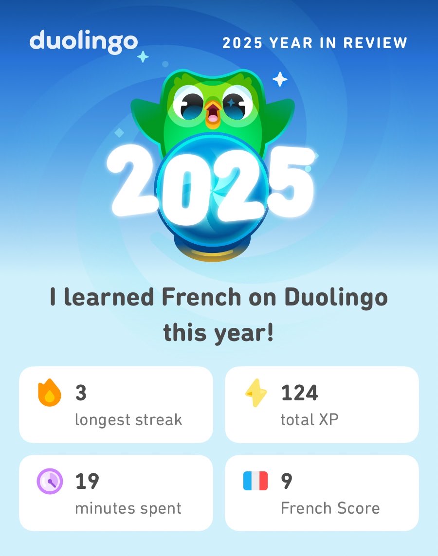 Jomalkinson's tweet photo. My 2025 Duolingo stats are in! How did you do? #Duolingo  Hopefully we do better next year! https://t.co/DMALbKGFxy