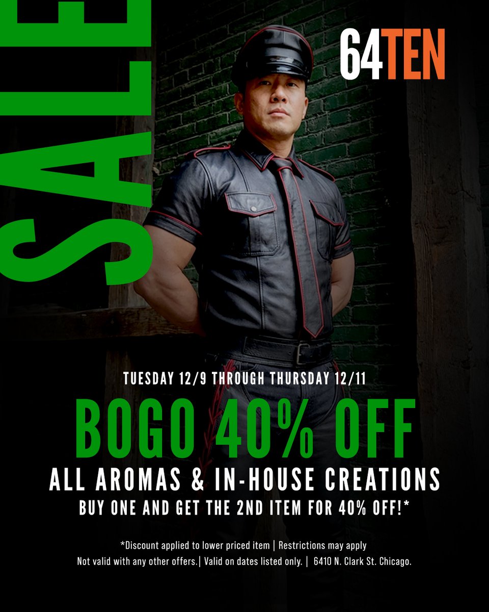 Leather64Ten's tweet photo. Starting tomorrow, December 9th through Thursday, December 11th — it’s BOGO Time!
All Aromos and In-House Creations are Buy One, Get One 40% Off!
 (Discount applies to the lower-priced item.) https://t.co/plNsC9Mzjf