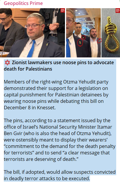 CCKKI's tweet photo. I membri del partito di destra #OtzmaYehudit, il cui capo è #BenGvir, hanno dimostrato sostegno a una legge sulla pena capitale per detenuti palestinesi, sospettati di atti terroristici mortali, indossando #spille durante il dibattito sul ddl alla Knesset
https://t.co/Vz6R59t1Sx https://t.co/fFQluMqHEi