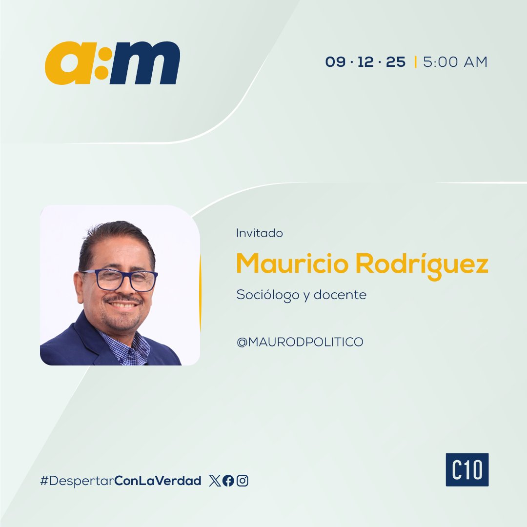 Este martes, en la #EntrevistaAM, nos acompañará el sociólogo y docente, <a href="/MAURODPOLITICO/">MAURICIO RODRIGUEZ</a>.

¡Te esperamos en vivo por <a href="/Canal10Sv/">Canal 10</a>, a partir de las 5:00 a.m.!