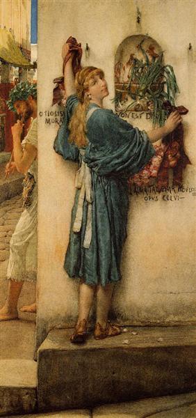 Painting at Bedtime.
A Street Altar.
Sir Lawrence Alma-Tadema.

Many modern art critics are decidedly sniffy about Alma-Tadema, but in his own day he was extremely successful and the detail in his paintings are very accurate. The public loved them, as interest in Rome was high.