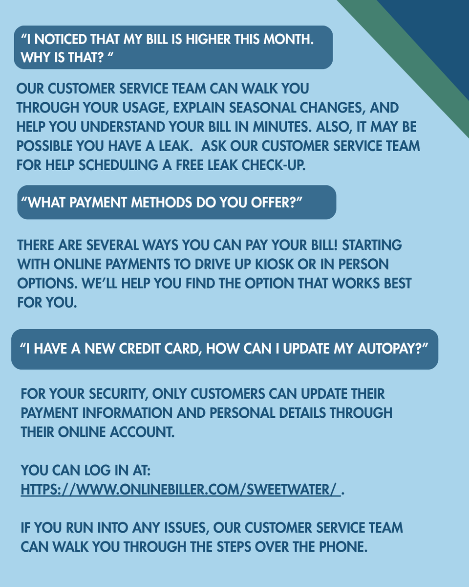 SweetwaterAuth's tweet image. From billing to AutoPay updates, our Customer Service team has you covered. Explore our FAQs!

#SweetwaterAuthority #CustomerSupport #WaterService #AccountHelp #CommunitySupport