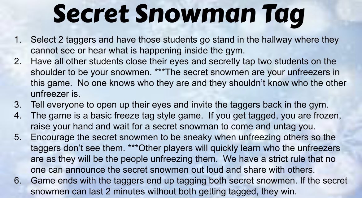 GearhartPE's tweet image. @WHPEOffice share your favorite winter themed activities. My students love Secret Snowman Tag!