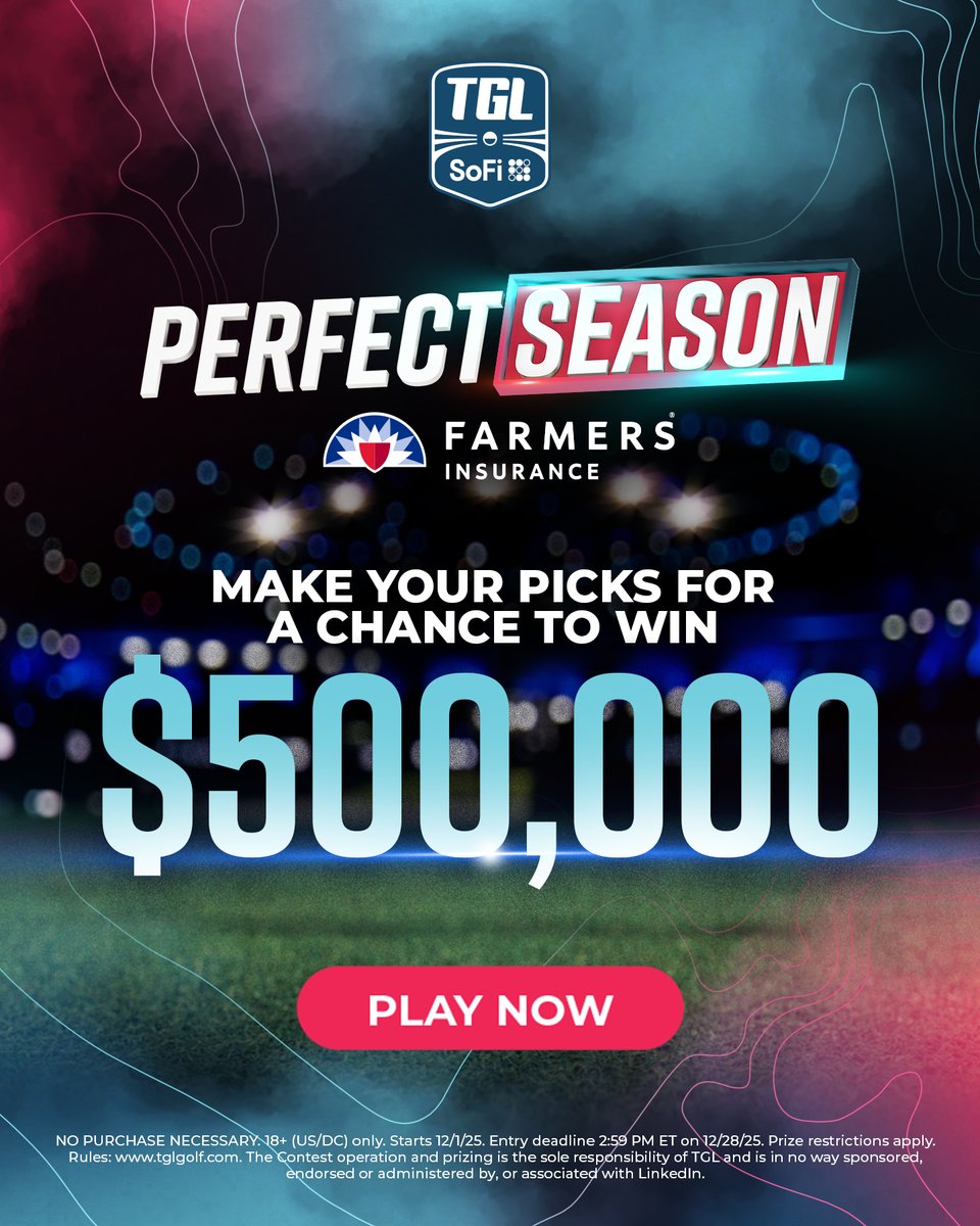 TGL's tweet photo. Play our 𝗣𝗲𝗿𝗳𝗲𝗰𝘁 𝗦𝗲𝗮𝘀𝗼𝗻 𝗖𝗵𝗮𝗹𝗹𝗲𝗻𝗴𝗲! Pick the winner of every TGL regular-season match and answer a few predictive questions. Go perfect and you could win $500K 👉 https://t.co/CEZ9oBxiz9 

Season 2 tees off Sunday, Dec. 28 on ABC.​

@WeAreFarmers https://t.co/05cQ5VDlFb