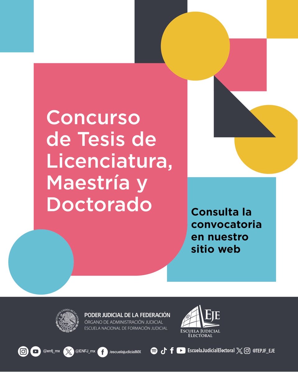 TEPJF_EJE's tweet photo. La @ENFJ_mx y la @TEPJF_EJE lanzan el Concurso de Tesis de Licenciatura, Maestría y Doctorado. 

Si investigas sobre justicia, democracia o derechos, ¡esta convocatoria es para ti!

💻 Consulta las bases, queremos leerte. https://t.co/DZxiPEFAWs https://t.co/xD4e7VJMc1