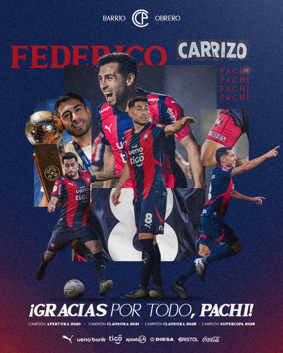 ¡Agradecemos por todo y deseamos éxito en su próximo desafío a nuestro jugador Federico “Pachi” Carrizo, cuatro veces campeón; Apertura 2020, Clausura 2021, Clausura y Supercopa 2025! 👏🏆