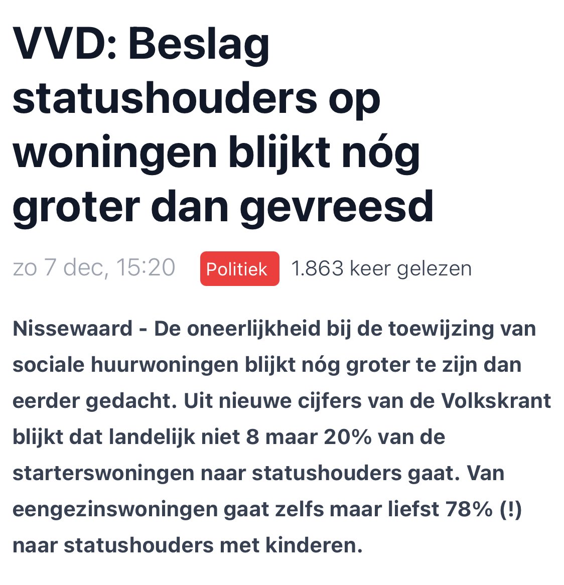 Maar liefst 78% van eengezinswoningen gaat naar statushouders met kinderen. Kennelijk schaamt men zich er niet meer voor, deze weg-met-ons mentaliteit? En ja, dat klopt, u betaalt dit ook inderdaad. On-be-grij-pe-lijk.

Bron: voorne-putten.nl/nieuws/politie…