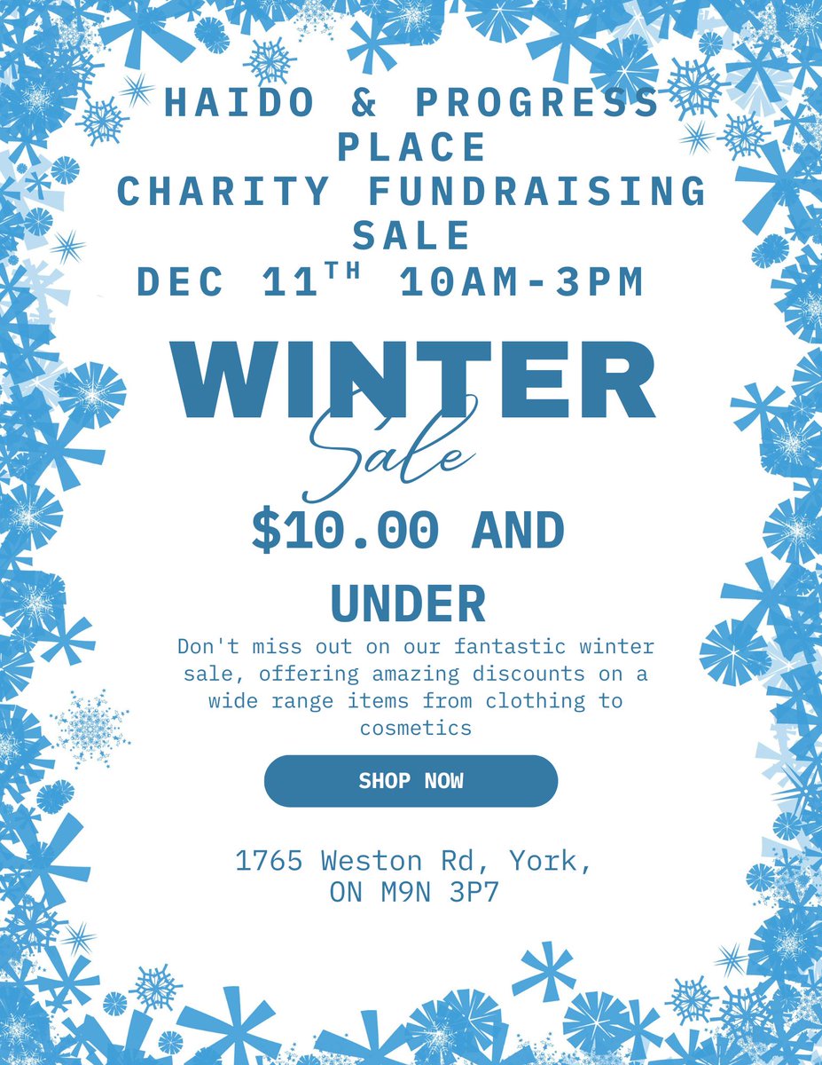 WMDHUB's tweet photo. 🎉 Join us in the Winter Charity Fundraising Sale
📅 Date: Thursday, December 11th, 2025 - 10:00 AM – 3:00 PM 
📍 Location: 1765 Weston Rd, York, ON M9N 3P7
❄️ Everything is $10 and under 
💙 Come shop, share, and support your community this winter. #CharitySale #CommunitySupport https://t.co/VdGJ2yyMGW