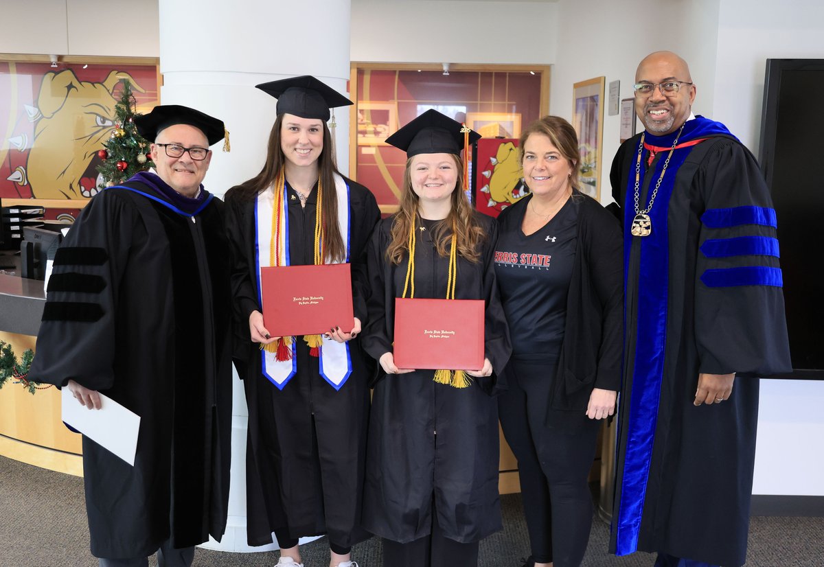 FerrisStVball's tweet photo. Congrats to December 2025 @FerrisStVball grads Emma Bleecher, an outside hitter, and Ivabelle Wilhelm, the team's media coordinator.

Bulldog Volleyball is headed to Sioux Falls, South Dakota to compete in the @NCAADII Elite Eight this week. #studentathletes #graduates 👩‍🎓👩‍🎓 https://t.co/YNGhOm78Zn