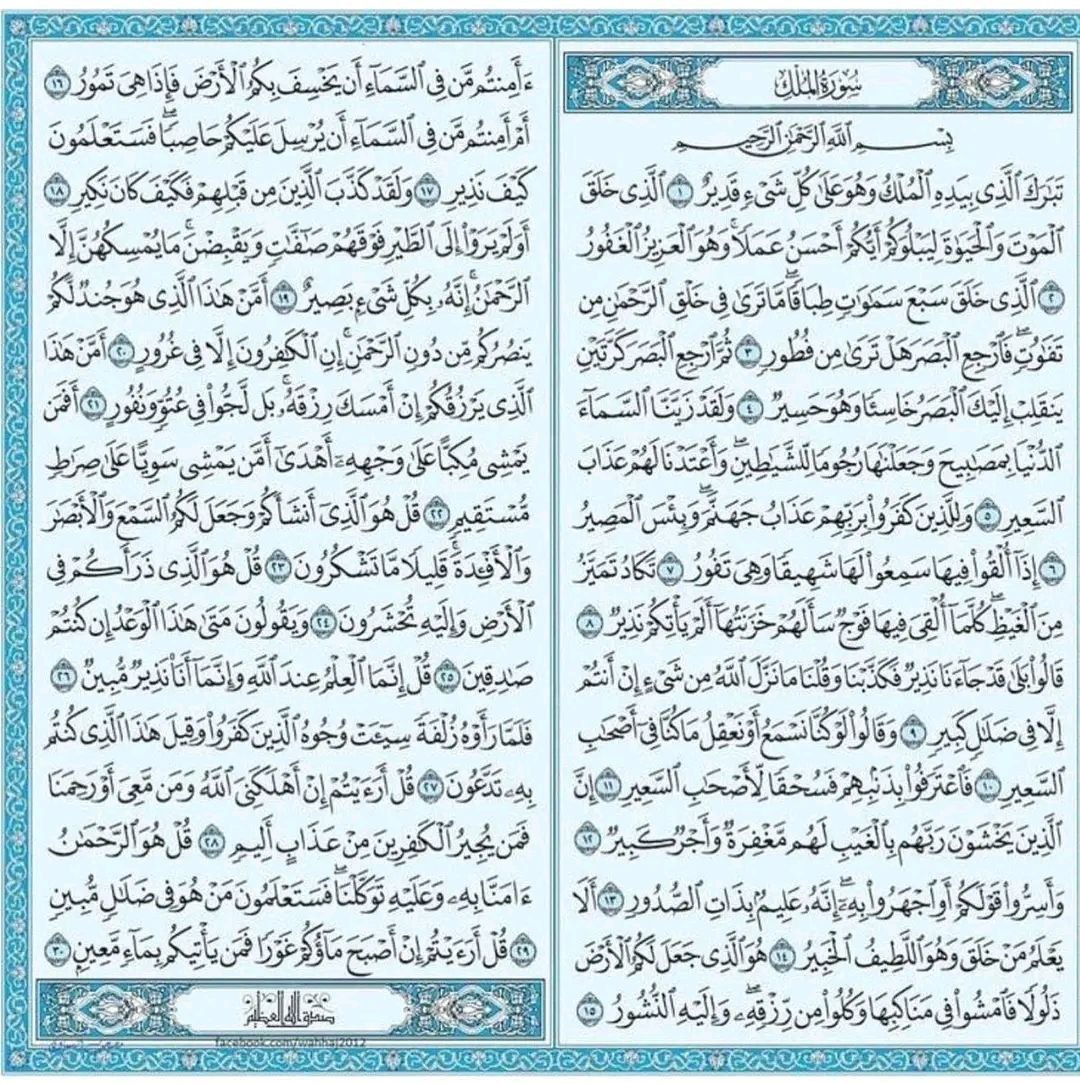 قال رسول الله ﷺ : 
«إِنَّ سُورَةً مِنَ القُرْآنِ ثَلاَثُونَ آيَةً شَفَعَتْ لِرَجُلٍ حَتَّى غُفِرَ لَهُ، وَهِيَ سُورَةُ تَبَارَكَ الَّذِي بِيَدِهِ المُلْكُ»