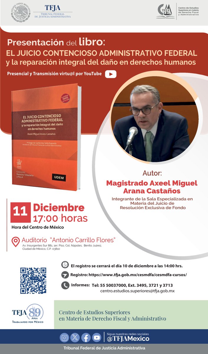 📚¡Se cierra el registro! presentación del libro El Juicio Contencioso Administrativo Federal y la reparación integral del daño en derechos humanos
📆11 diciembre, 17:00h
📍Auditorio Antonio Carrillo Flores
👉 tfja.gob.mx/cesmdfa/cesmdf…
#JusticiaAdministrativa
#PresentaciónDeLibro
