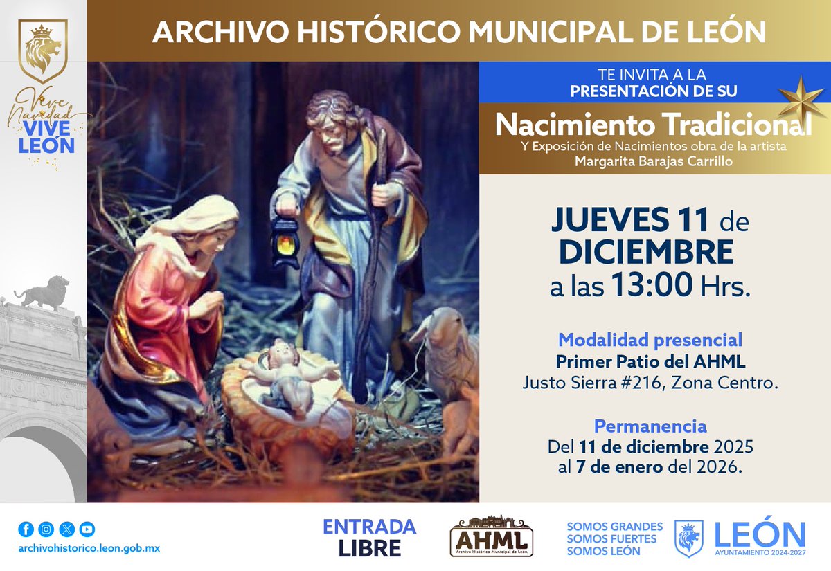Te Invitamos este jueves 11 de diciembre a las 13:00 Hrs. para la presentación del Tradicional Nacimiento que año con año montamos en el AHML durante esta temporada navideña. Justo Sierra #216 Zona Centro. Ven y #ConoceTusTradiciones