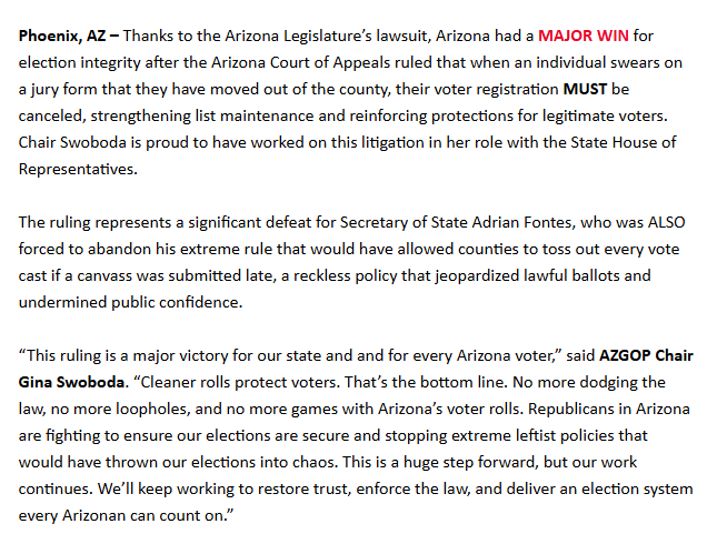Garrett_Archer's tweet photo. The @AZGOP and @votewarren snag a win at the AZ Court of Appeals.

Individuals who indicate they cannot serve on a jury because they moved out of the county (ahem...) must have their registration canceled. https://t.co/HsxofD2ViJ