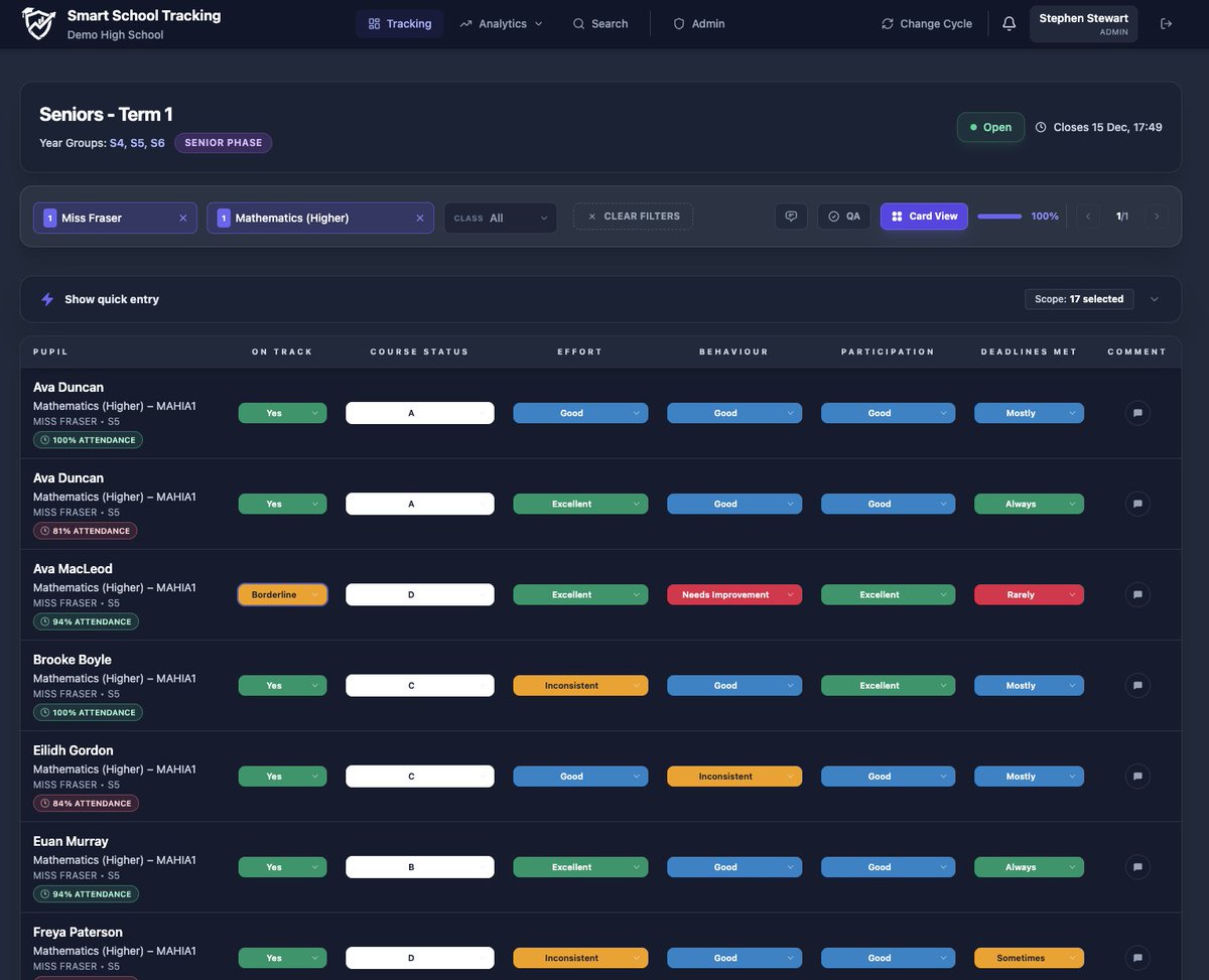 🚀 Smart School Tracking is here!
The fast, flexible way for Scottish secondary schools to track progress, generate reports, and spot trends — all in one place.
No spreadsheets. No hassle. Just results.
▶️ smart-school.uk