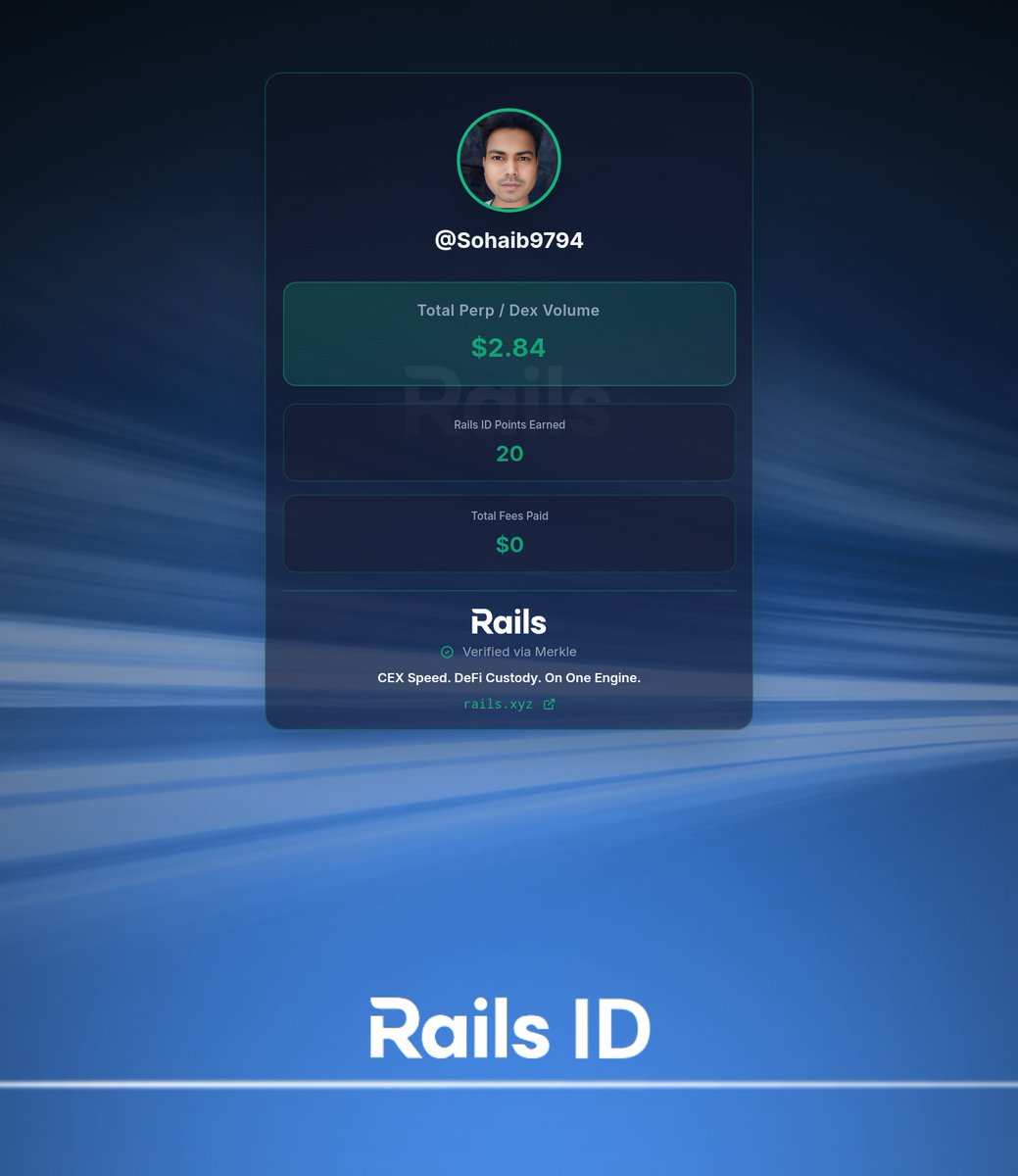 I just got my Rails ID. It pulls my DEX volume history into a single card and shows 20 Rails ID Points earned so far.

 Now it’s all about Rails Play: <a href="/rails_xyz/">Rails</a> ’s perps training ground.

Claim your Rails ID now: quest.rails.xyz/onboard?r=Soha…