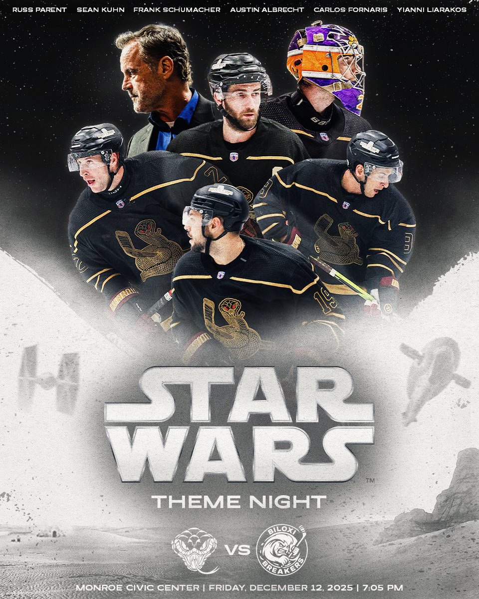monroemoccasins's tweet photo. Star Wars Theme Night - Friday, December 12th!
Show up wearing your best Star Wars themed outfits and join us as we fight off the Biloxi Breakers!
#FangsDown | #PACKTHEPIT | #HockeyIsBackOnTheBayou https://t.co/IM3abxDuf6