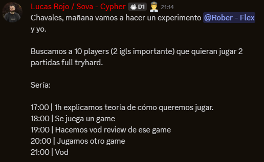 Mañana <a href="/RobeR_val1/">Rober</a> y yo vamos a estar haciendo un experimento en <a href="/d1Valorant/">D1 Esports</a> 

Los que tengan el rol y les apetezca jugar reaccionad :3