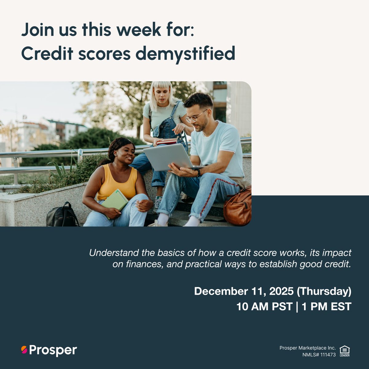 Your #creditscore is more than just a number—it’s a key to help advance your #financialwellbeing. Don't miss our second free webinar, "Credit Scores Demystified," this Thursday, December 11th!

Register at: prosper.zoom.us/webinar/regist…