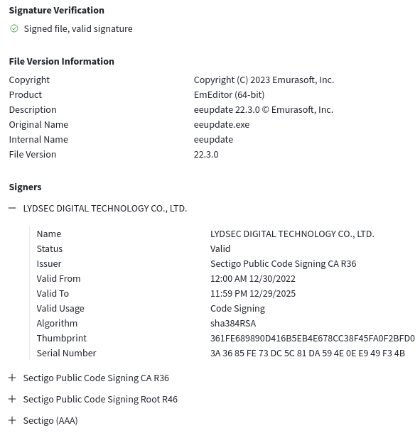 malwrhunterteam's tweet image. "LYDSEC DIGITAL TECHNOLOGY CO., LTD." (Sectigo given cert) signed "RStone.exe" sample, seen from Taiwan: 4376f6c5bd63c9472dc1575b26f70cc2320682a47881e1a9283904bcdec43fd8
www.msupdate[.]online
Cobalt...
🤷‍♂️
@1ZRR4H