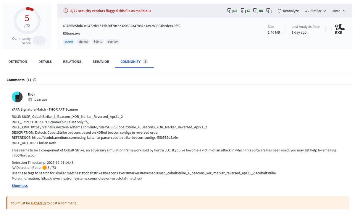 malwrhunterteam's tweet image. "LYDSEC DIGITAL TECHNOLOGY CO., LTD." (Sectigo given cert) signed "RStone.exe" sample, seen from Taiwan: 4376f6c5bd63c9472dc1575b26f70cc2320682a47881e1a9283904bcdec43fd8
www.msupdate[.]online
Cobalt...
🤷‍♂️
@1ZRR4H