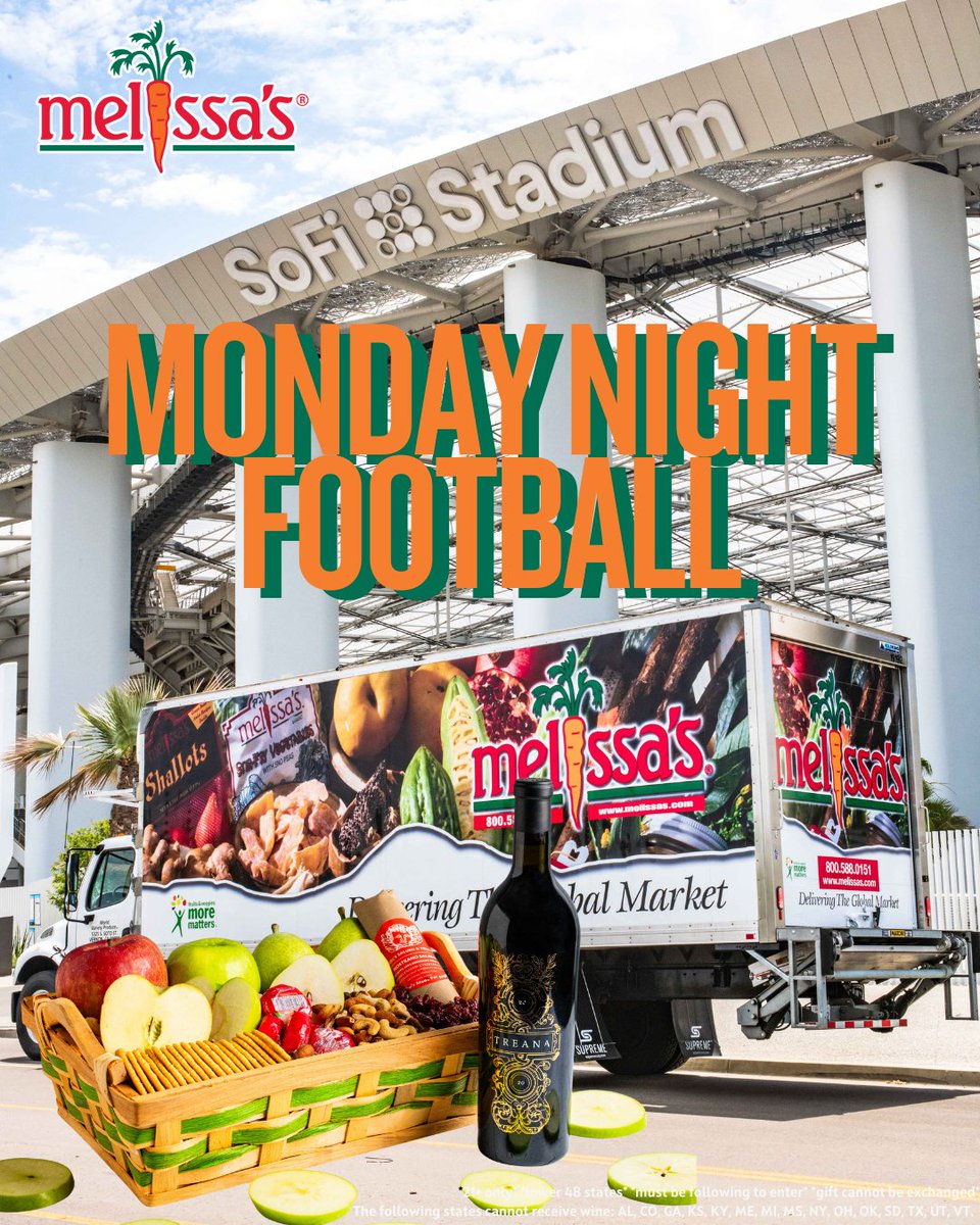 MelissasProduce's tweet image. 🏈 GIVEAWAY TIME! 🏈

We’re kicking off Monday Night Football at @SoFiStadium with a Melissa’s Royal Treatment Wine Gift Basket up for grabs!

It’s @chargers vs. @Eagles, and you could be watching with gourmet game-day goodies. 🔥

To enter:
1️⃣ Follow @MelissasProduce 
2️⃣ Like &amp;amp;…