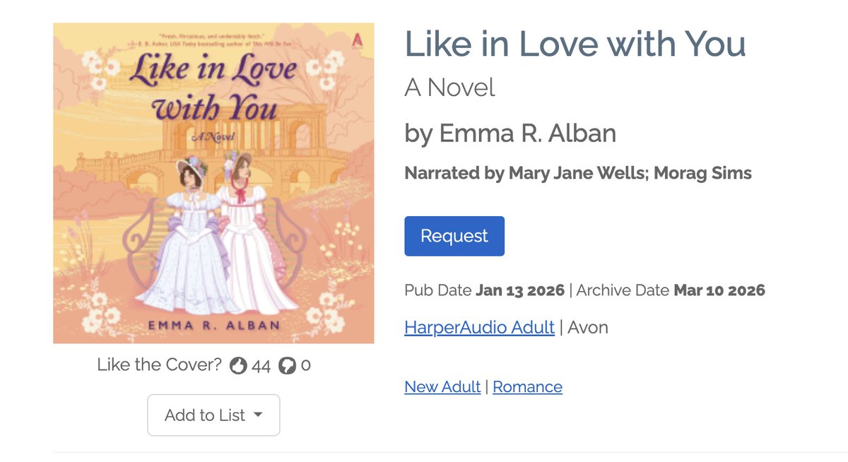 Hey, did you hear? The LIKE IN LOVE WITH YOU audiobook (narrated by the amazing <a href="/moragsims/">Morag Sims</a> and Mary Jane Wells) is available for request on <a href="/NetGalley/">NetGalley</a>!