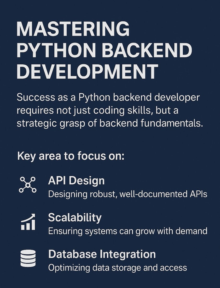 haiderali97620's tweet image. Mastering Python Backend
In today’s post, I’m focusing on 3 core areas:
🔹 API Design
Clear, consistent, and well-documented APIs make your applications easier to maintain.
🔹 Scalability
A strong backend should grow with user demand.
#pythonbackend #Api #pythondeveloper