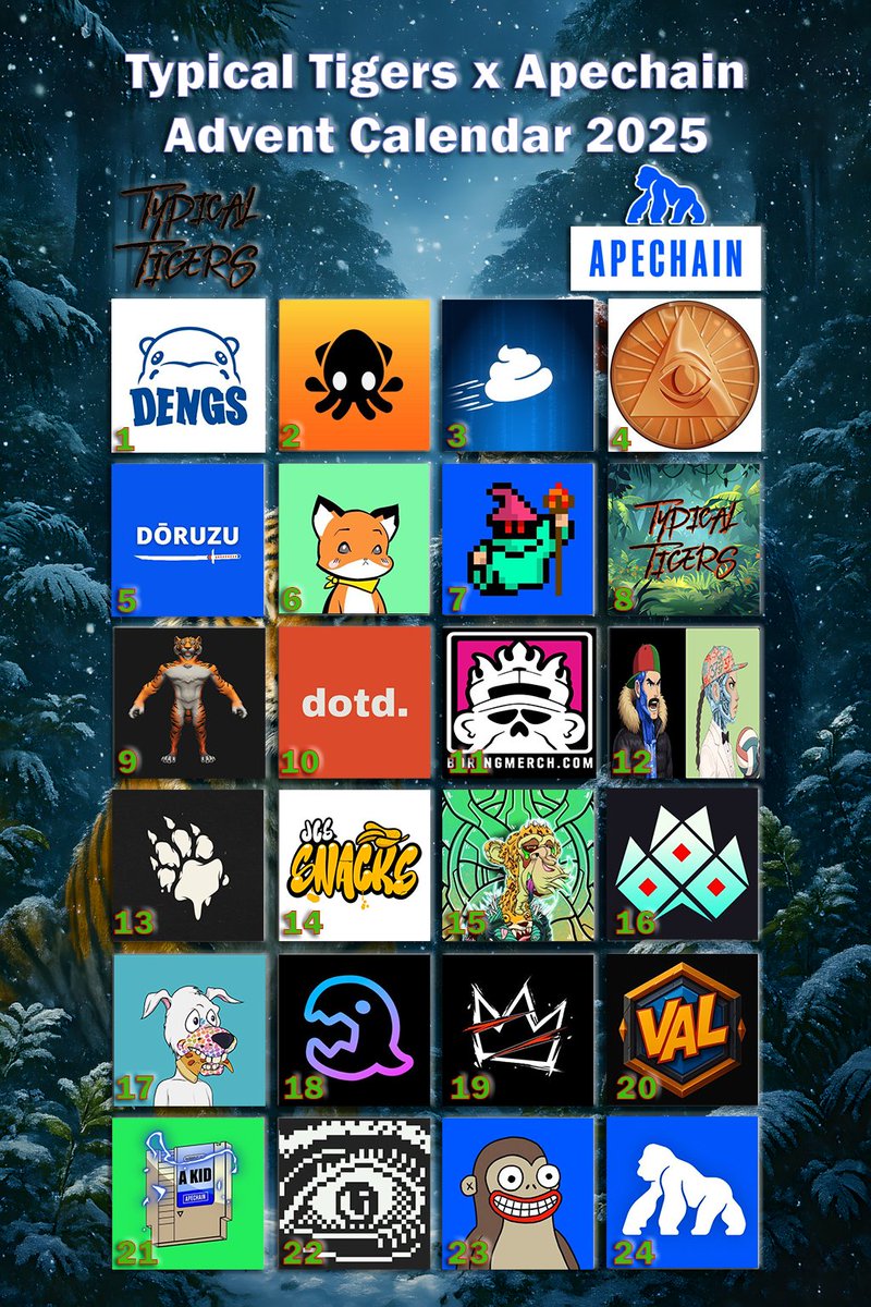 Typical Tigers x <a href="/ApeChainHUB/">ApeChainHUB</a> Advent Calendar 🎅       

Day 9!

Prizes:  

<a href="/AspiringNobody/">The Aspiring Nobody</a> is paying for 5x pre-orders of Typical Tigers AVATARS for <a href="/OthersideMeta/">Othersidemeta</a> !

(*must own a Typical Tiger on Apechain to claim)

To enter:

1. Follow: <a href="/AspiringNobody/">The Aspiring Nobody</a> 🫂
2. RT ♻️
3. Tag 2