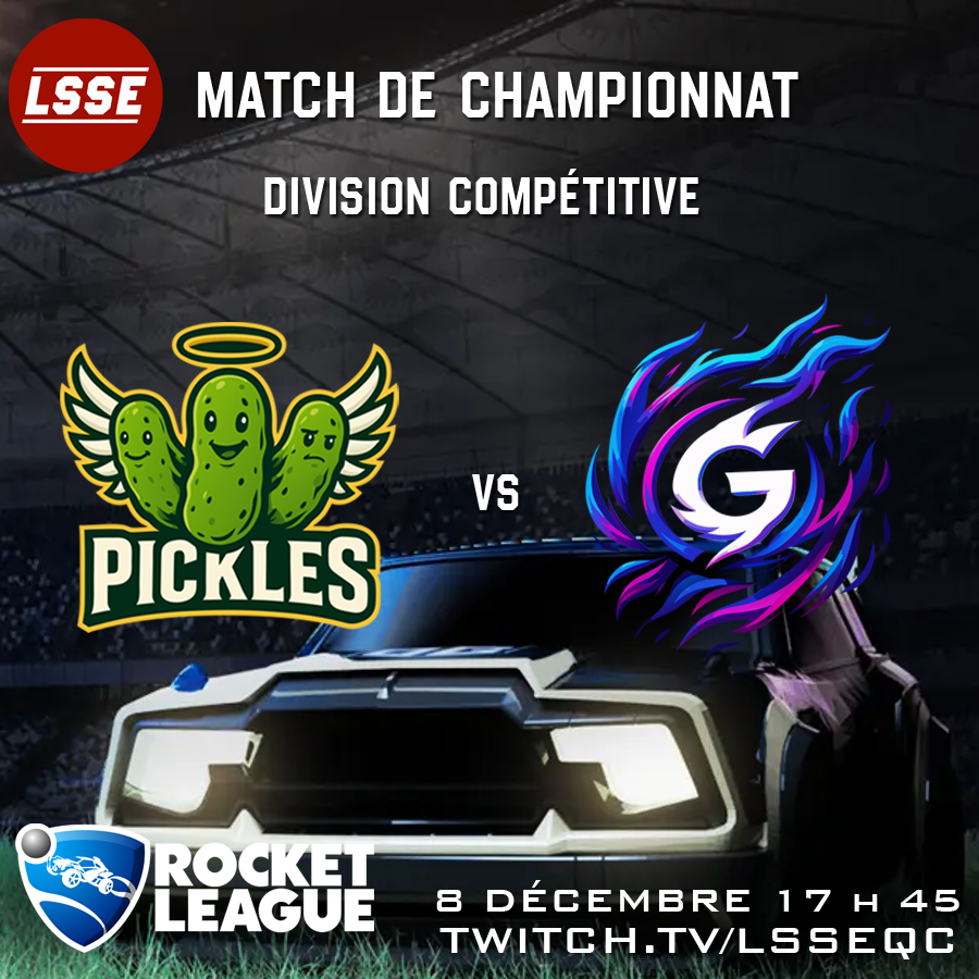 Deux équipes du <a href="/cfpriverains/">CFP des Riverains</a> s’affrontent en grande finale LSSE sur Rocket League! 

Pickles Gods contre Ghost Z, laquelle de leurs équipes sera couronnée champions? Ne manquez pas cet affrontement!
#LSSEQc #FQSE