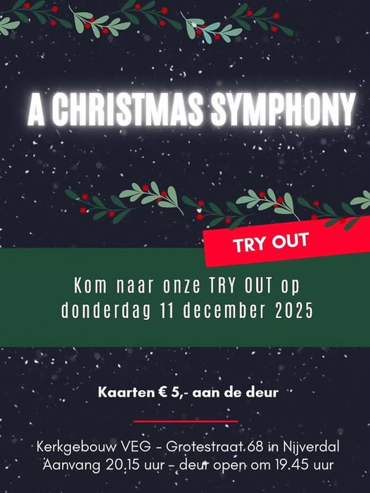 Try-out Kerstconcert.
De New Valley Singers en de Hellendoornse Harmonie nodigen je uit voor een betoverende muzikale avond vol sfeer, energie en kerstmagie.
Op donderdag 11 december presenteren zij in de VEG-kerk in Nijverdal .........
facebook.com/photo?fbid=170…