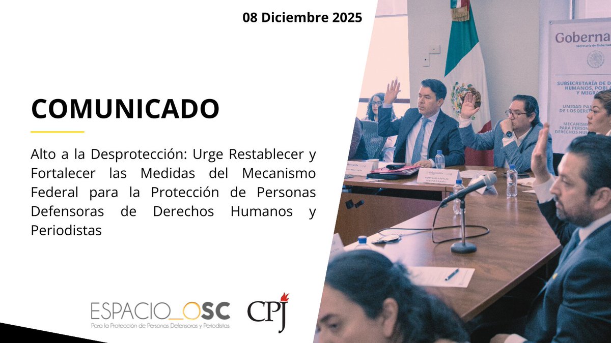 🚨#Comunicado

Junto con <a href="/CPJAmericas/">CPJ Américas</a> alertamos sobre graves fallas en la implementación de medidas del <a href="/Mecanismo_MX/">Mecanismo de Protección Federal</a>

En los últimos meses en particular sobre medidas de vehículos y escoltas de <a href="/SSPCMexico/">Secretaría de Seguridad y Protección Ciudadana</a>, aumentando el riesgo de lxs beneficiarixs

🔗 bit.ly/3MqMHJQ