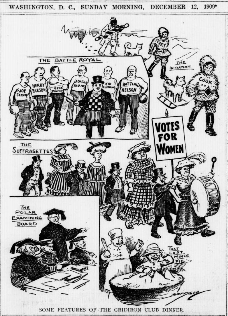 OtdTaft's tweet photo. Tonight Taft was a guest at the Gridiron Club dinner, which features skits and songs to mock the president.

Skits included:
Taft overeating.

Lawmakers discovering the North Pole to escape the summer heat.

Convincing progressives that Teddy Roosevelt is no longer president.

Suffragettes forcing their men to petition with them.