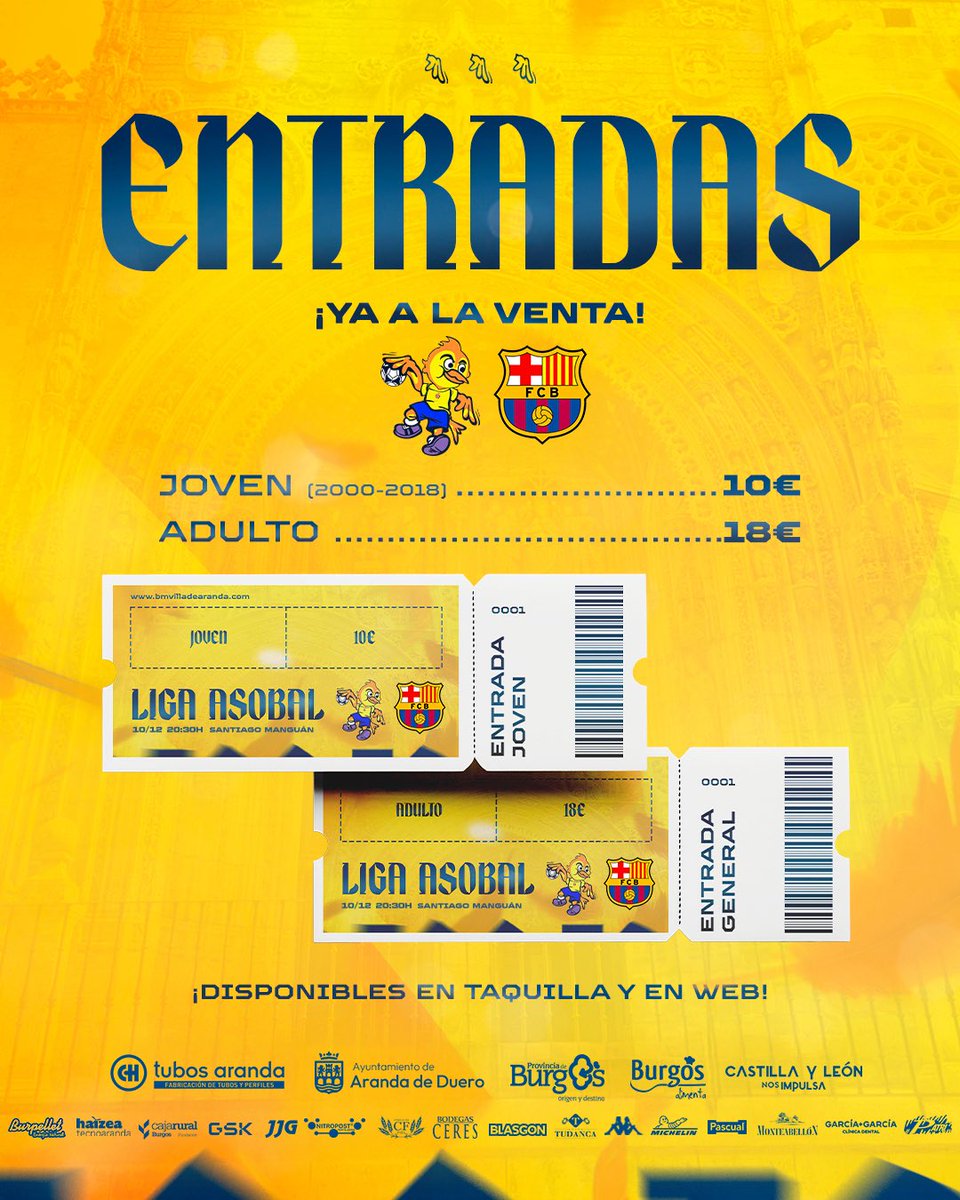 🎫 𝗘𝗡𝗧𝗥𝗔𝗗𝗔𝗦 | ¡Ya disponible la retirada de entradas para disfrutar del partido 🆚 <a href="/FCBhandbol/">Barça Handbol</a> ⚔️!

📲 goo.su/VGUMp

Disponibles en nuestra web y en taquilla el día de partido. 

#VDAFCB
#SomosASOBAL
#AVivirMilAñosSinConocerte