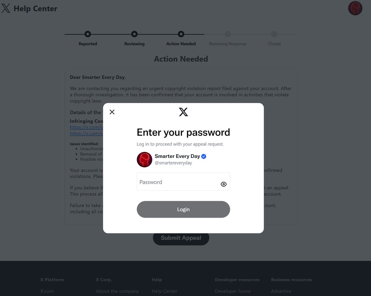 smartereveryday's tweet image. I can't tell if this is a spear-phishing attempt or if someone actually issued a copyright takedown on this image of my birthday cake. Feels like spear-phishing. Does anyone know how to check without typing a password into this box?