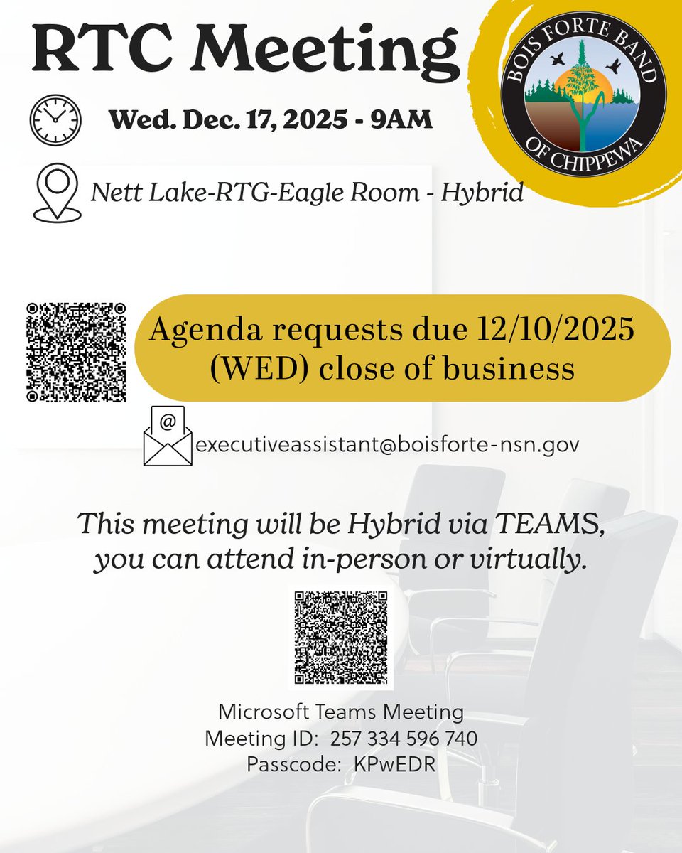 Next scheduled RTC meeting.
Wed. Dec. 17, 2025 - 9AM
Nett Lake-RTG-Eagle Room-Hybrid
Click here to attend virtually: bit.ly/4bjh5Ob