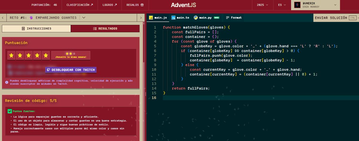 monroyaeu's tweet image. Reto 6 completado con 7 Estrellas ⭐ 
(Por no resolverlo en el fin de semana ) 

Te dejo aqui mi solución. 
¿Como te fue a ti?
#JavaScrip #Adventjs #Coding #Code