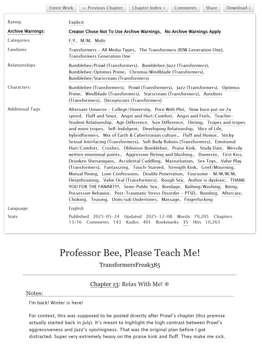 TFreak385's tweet photo. Professor Bee, Please Teach Me! | NSFW | 💛
 (College/Academy AU)

Chapter 12: Relax With Me! ❄︎

Summary: Now that’s what I call being oiled up.

Note: Feeling like Christmas already!

Link: https://t.co/7KBCGhF0jW

#Jazzbee #Transformers #ao3 #Valveplug #Fanfic #bumblebee https://t.co/GRDR15THEO
