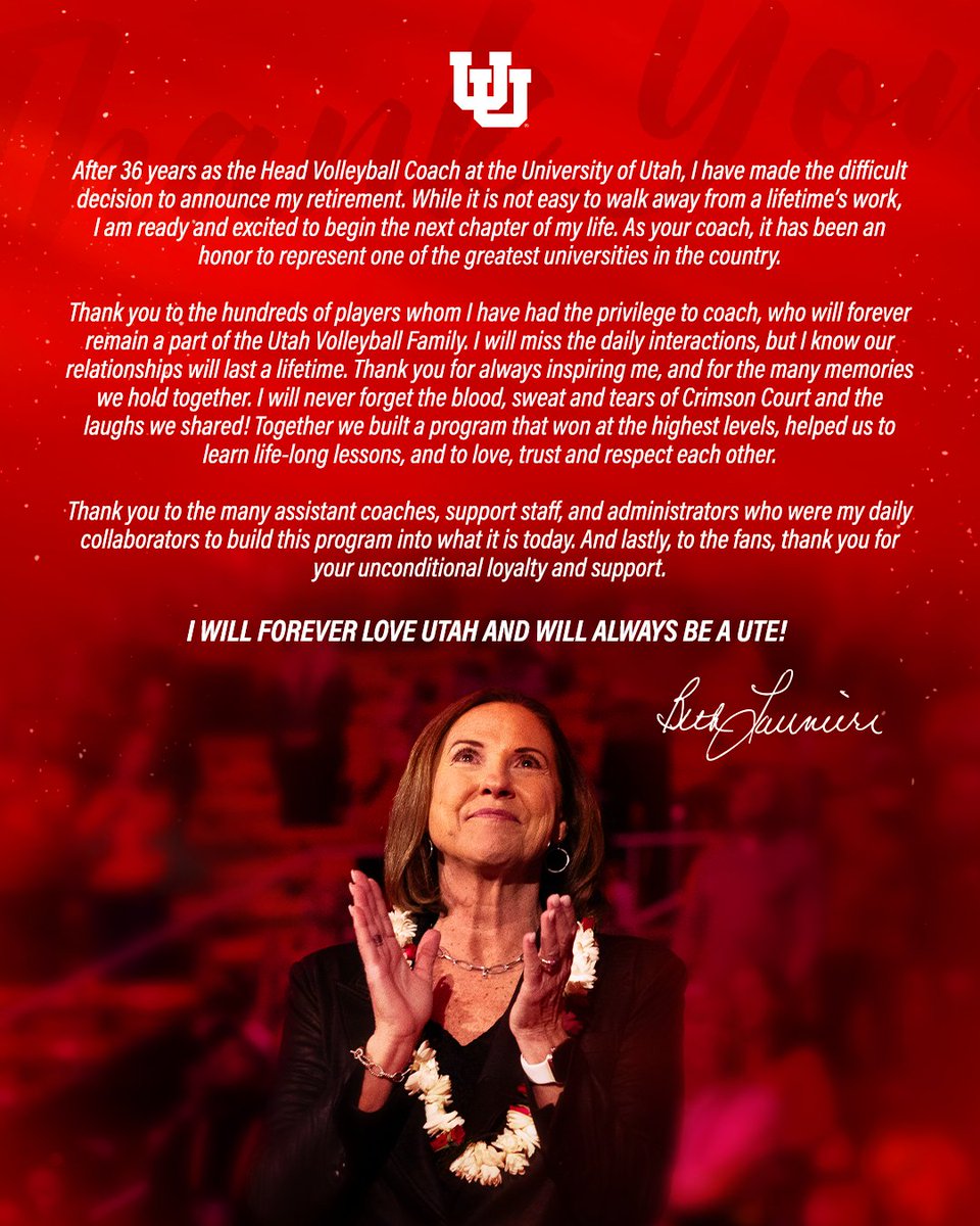 After 36 years as the head coach of <a href="/UtahVolleyball/">Utah Volleyball</a>, Beth Launiere announces her retirement. 

Congratulations on an incredible career, <a href="/CoachLauniere/">Beth Launiere</a>!! 🙌

📰: utahutes.com/news/2025/12/8… 
 
#GoUtes | <a href="/NCAAVolleyball/">NCAA Women's Volleyball</a>