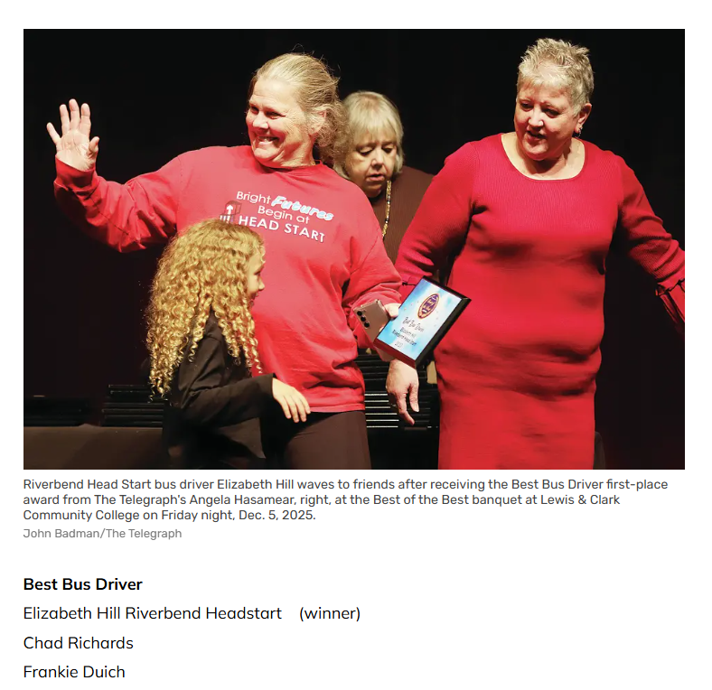 RiverbendHSFS's tweet photo. Congrats to our employee, Elizabeth Hill, voted “Best Bus Driver” by The Telegraph readers for the 2nd year in a row! 🚍 Thank you for your dedication to our Head Start families! 

#RiverbendHeadStart #BestBusDriver 

📸Photo credit: @altontelegraph https://t.co/S0sNCI75BD