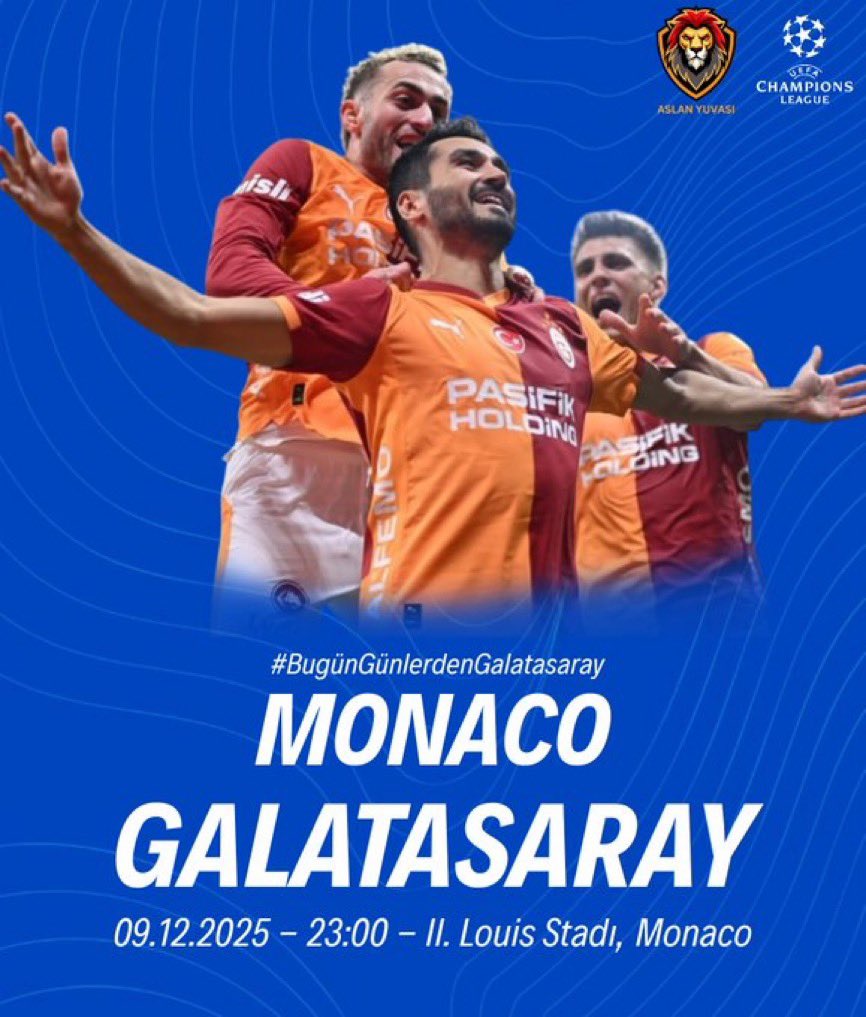 #BugünGünlerdenGALATASARAY 💪

🏆 UEFA Şampiyonlar Ligi
🗓️ 6. Hafta
⚽ Monaco
📆 09.12.2025 
⏰ 23.00
🏟️ Stade Louis II
📲 #ASMvGS #UCL