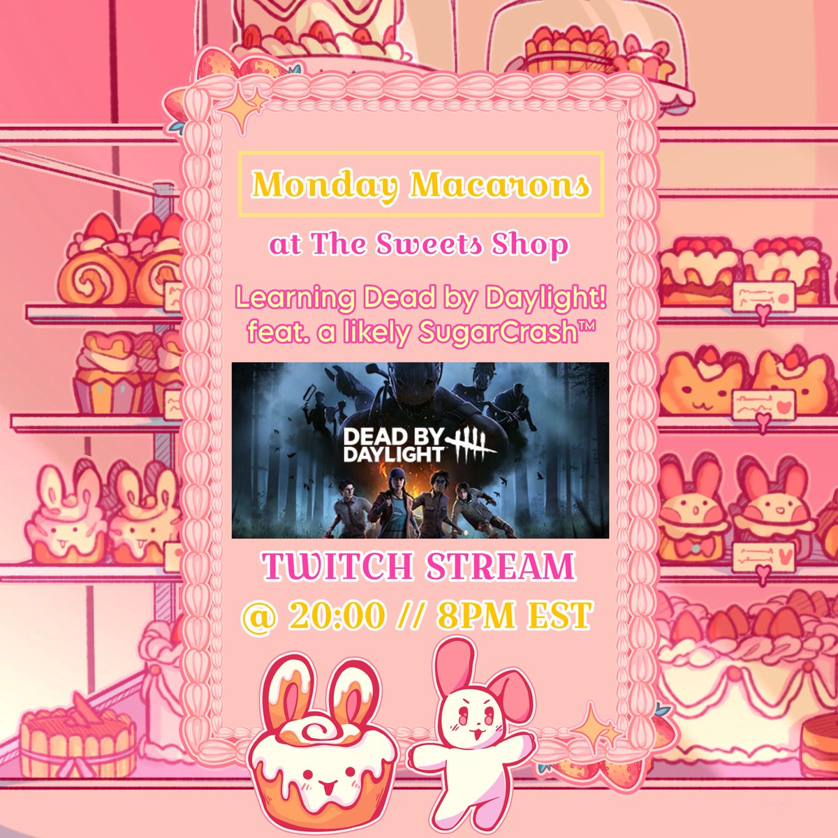 …why am i making my scaredy-cat self play a horror game?! i may need a friend or two there as emotional support-

see you tonight @ 20:00 // 8PM EST at the sweets shop, sweethearts! 🧁💗
twitch.tv/sugarcookieva