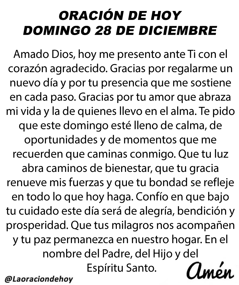 Oración diaria para hoy domingo 28 de diciembre de 2025.
