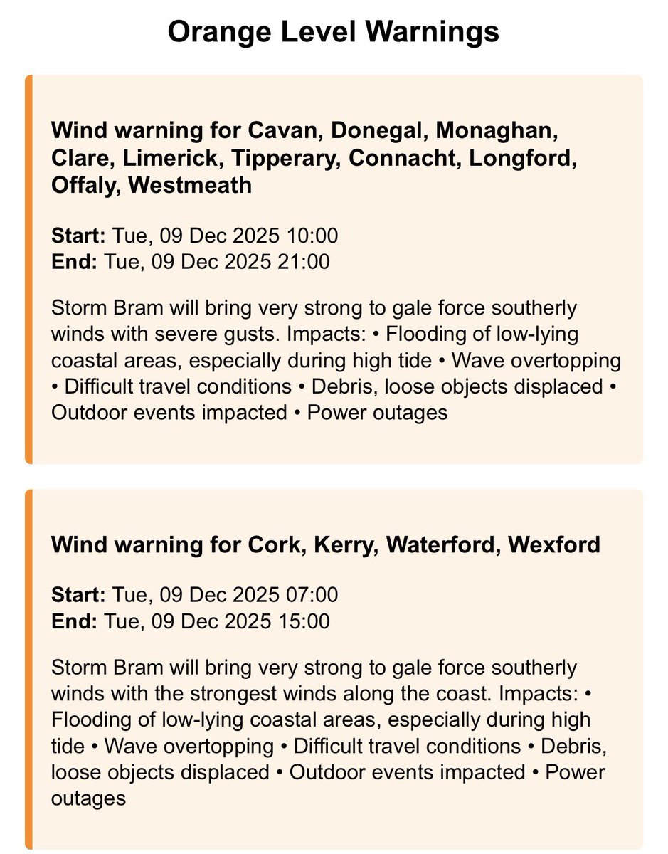 Orange warning updated with more counties added now at 21:12 Monday.