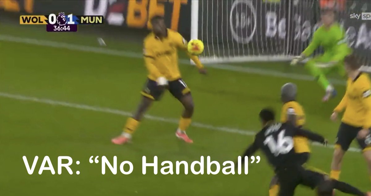 DeepGaribaldi's tweet image. Dear @FA_PGMOL, please explain how this first picture wasn’t a handball tonight at #WOLMUN but the second one against #nffc was at #livnfo three weeks ago?  Where is the consistency?  Little wonder fans have no faith in VAR.