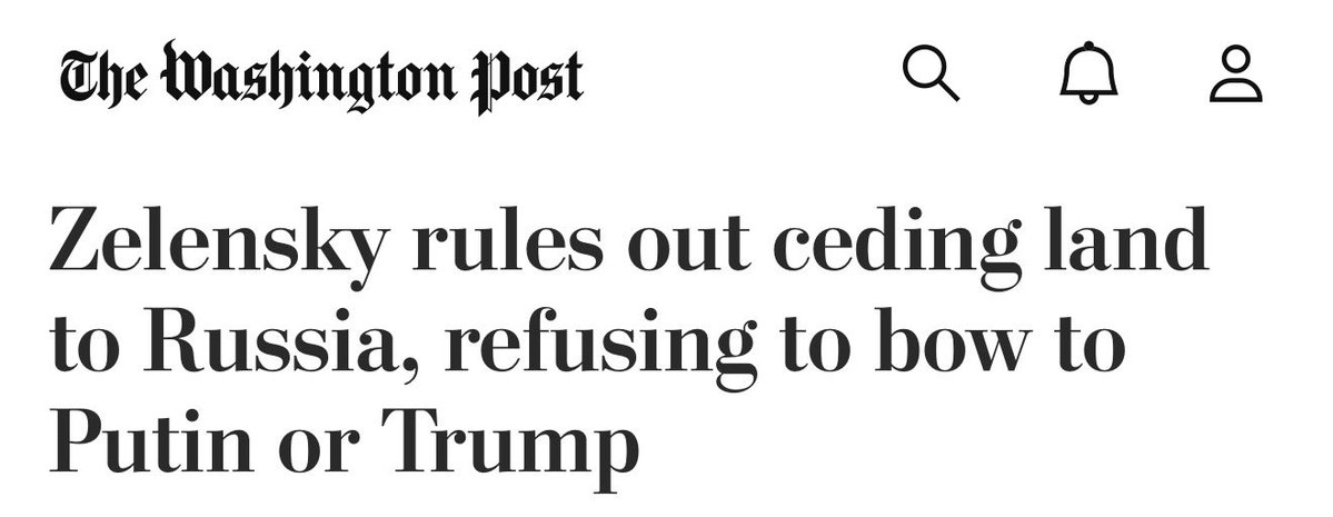 Tytuł artykułu w Washington Post:
„Zełenski wyklucza oddanie terytorium Rosji, odmawia ugięcia się przed Putinem lub Trumpem”.