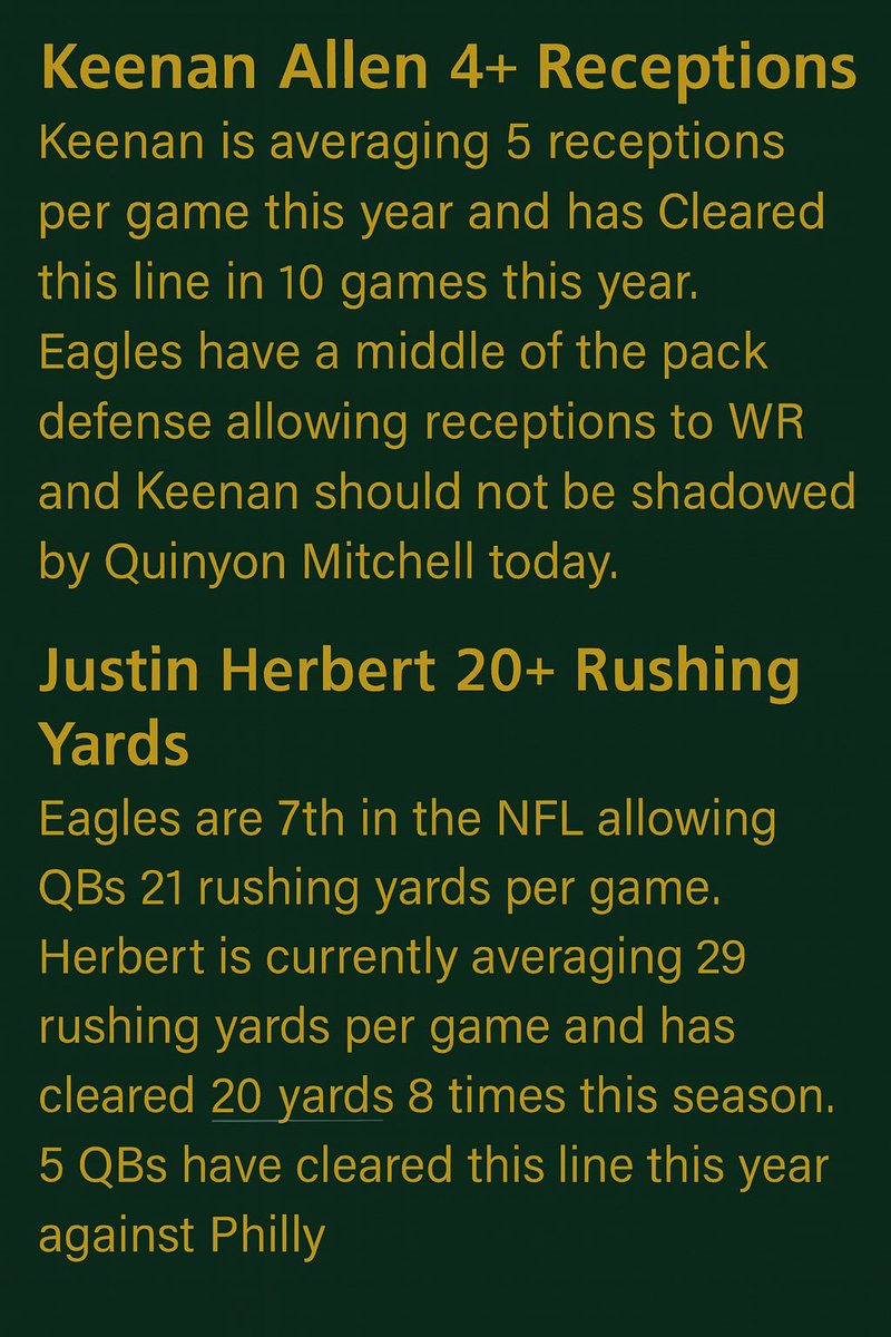 betteranalysis2's tweet photo. MNF two man parlay +200

Keenan Allen 4+ Receptions
Justin Herbert 20+ Rushing yards 

Keeping it simple this game with my two highest rated props. 

Research is below drop a follow if you like the information and want more everyday. https://t.co/dQtj7nXkuz