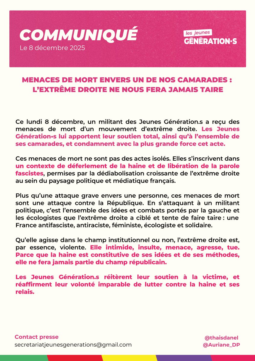 🔴Communiqué des Jeunes Génération·s.

"Menaces de mort envers un de nos camarades : L'extrême droite ne nous fera jamais taire"