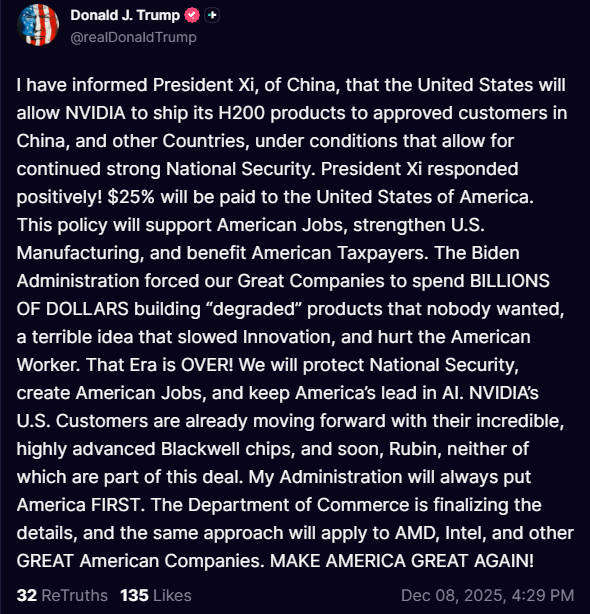 📉KOBEISSI: Trump approva vendite di chip Nvidia in Cina con il 25% delle entrate per gli Stati Uniti