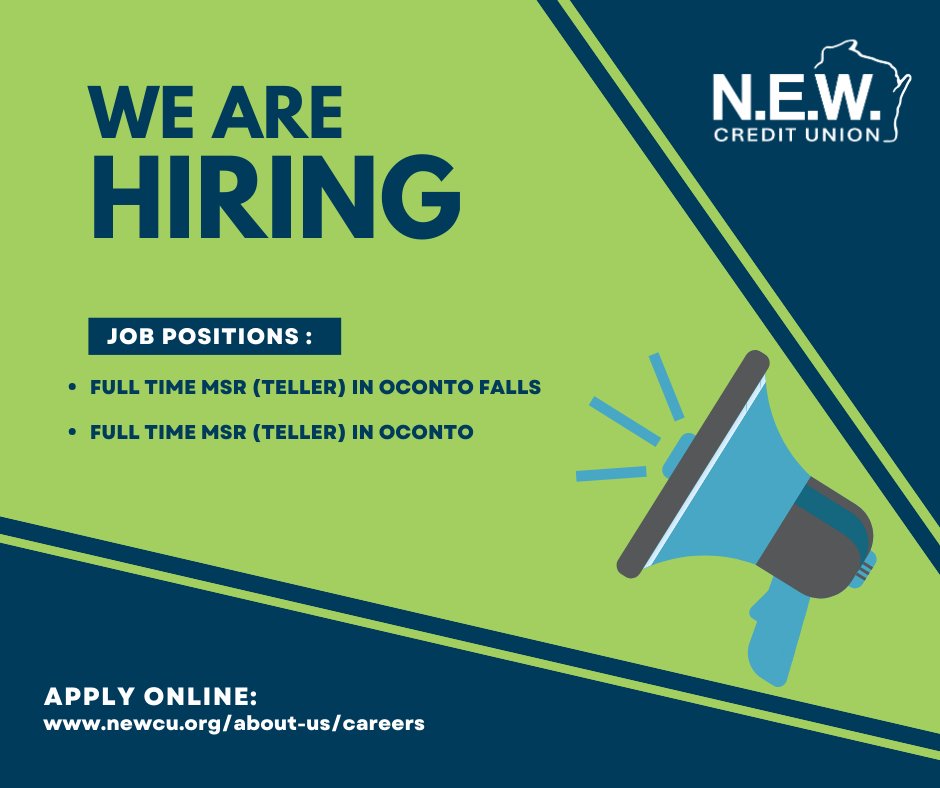 NEWCU's tweet image. Join Our Team! Now Hiring in Oconto Falls &amp;amp; Oconto. We are looking for Member Service Representatives to support our financial operations. If you're organized, detail-oriented, and passionate about helping our community thrive ... Apply Today: newcu.org/about-us/caree…